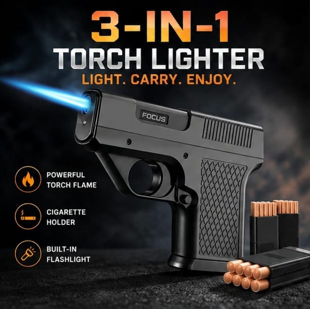 🔥 3-in-1 Premium Torch Lighter with Cigarette Holder & Flashlight | Powerful Windproof Blue Flame, Compact Pocket Design | BUY 1 GET 1 FREE